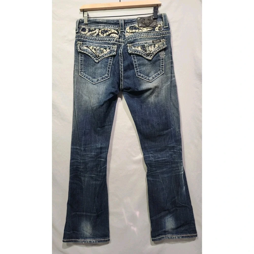 Miss Me Easy Boot Thick Stitch Jean Women 29 Distressed Paisley Rhinestone Jewel - Picture 1 of 10